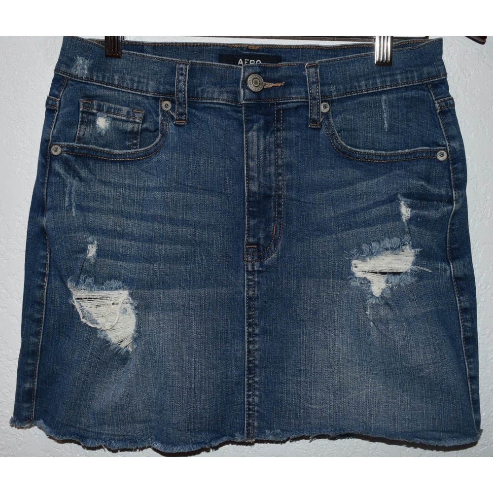Aeropostale 8 Denim Mini Skirt High Rise Stretch Distressed 5-Pocket Blue Jean